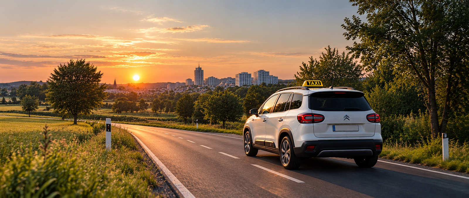 Weißes Fahrzeug auf einer Straße bei Sonnenuntergang