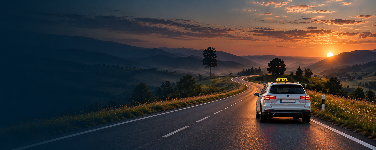 Straße durch eine Landschaft bei Sonnenuntergang